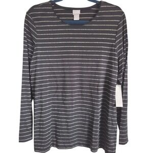 Chico's 2 Black Gold Striped Pullover Tunic Top Long Sleeve NWT‎ RV $72